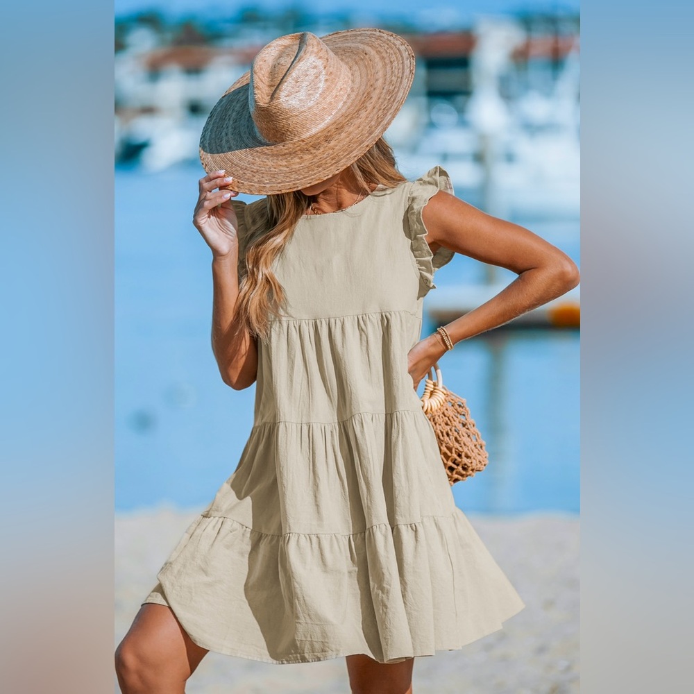 Khaki Flutter Sleeve Paneled Skirt Mini Dress - Size M